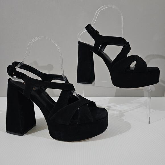 NEW Larroude Bee Platform Sandal Block Heel Black Suede Size 9 - Picture 3 of 12